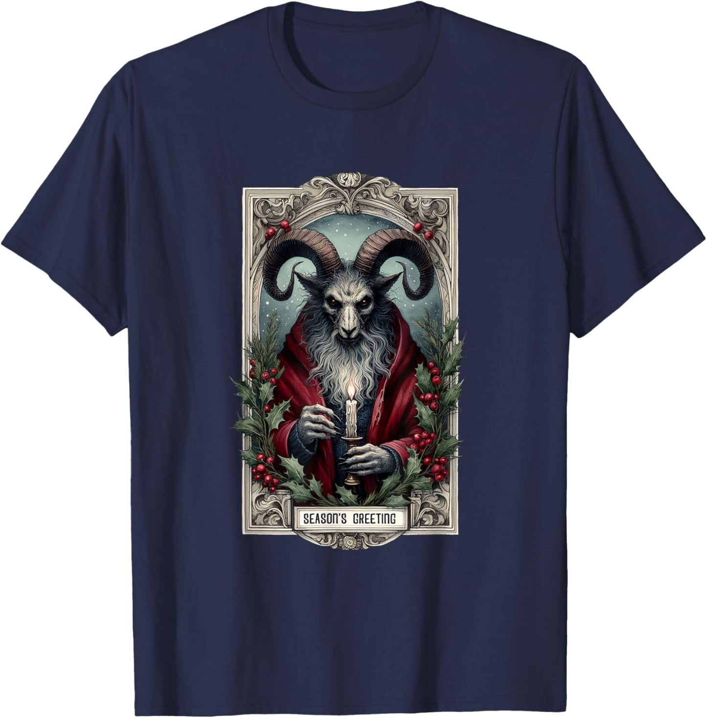 Season And Greeting Krampus Tarot Christmas Horror Holiday T-Shirt - T-Shirt | Navy