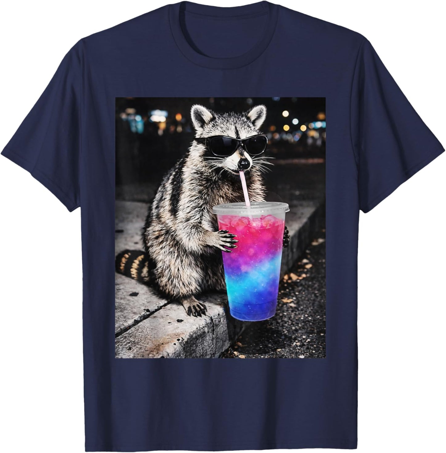 Raccoon Drinking Loaded Tea Cup Funny Animal Meme T-Shirt - T-Shirt | Navy