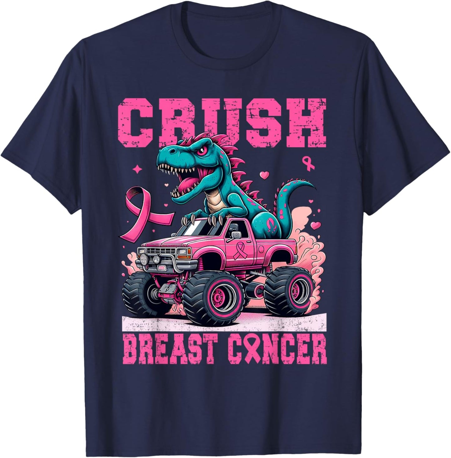 Crush Breast Cancer Awareness Pink Monster Truck Women Mom T-Shirt - T-Shirt | Navy