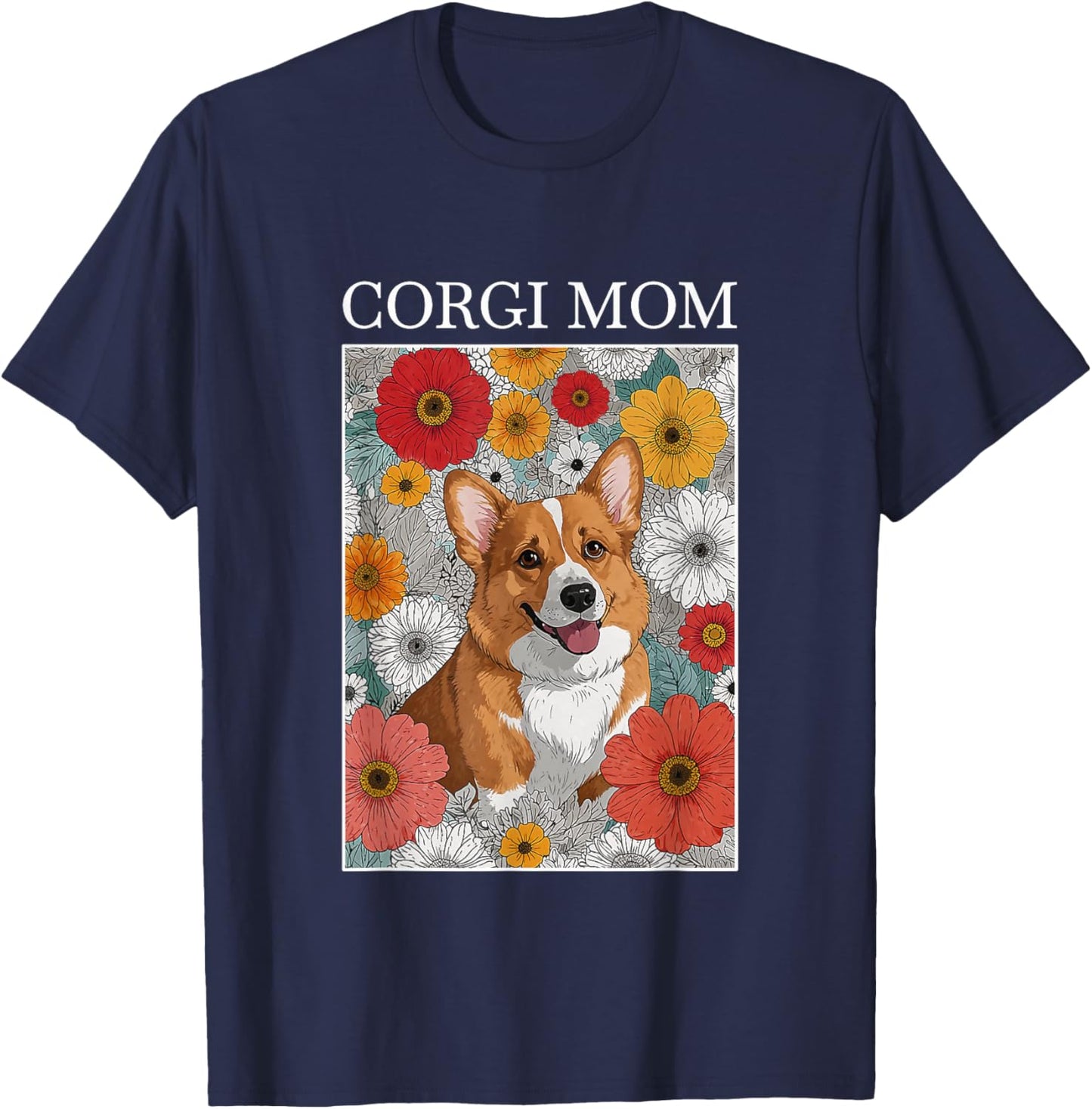 Corgi Mom Artsy Flower Dog Design T-Shirt - T-Shirt | Navy