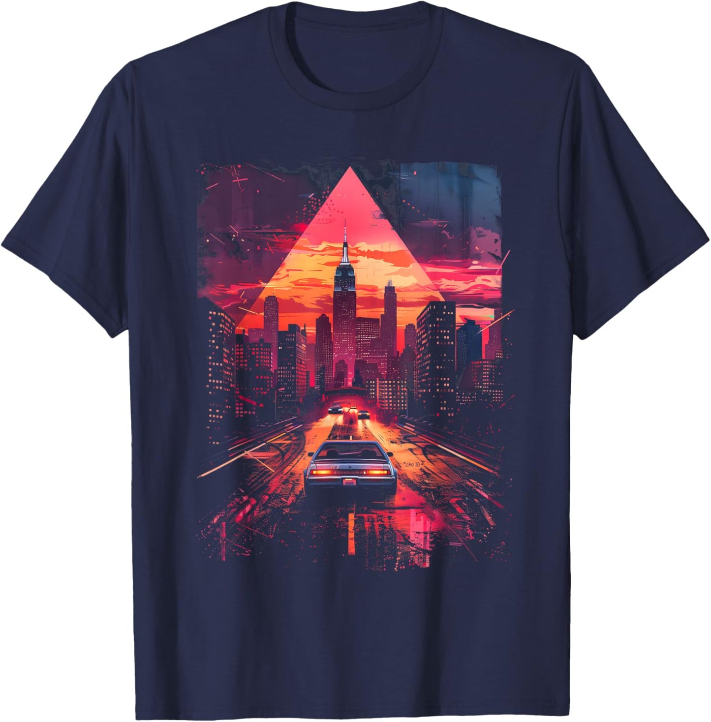 Retro Car 1980s 1990s Retrowave Aesthetic City Skyline T-Shirt - T-Shirt | Navy