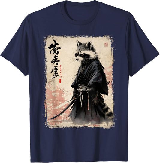 Raccoon Japanese Art Samurai Funny Raccoon Samurai T-Shirt - T-Shirt | Navy
