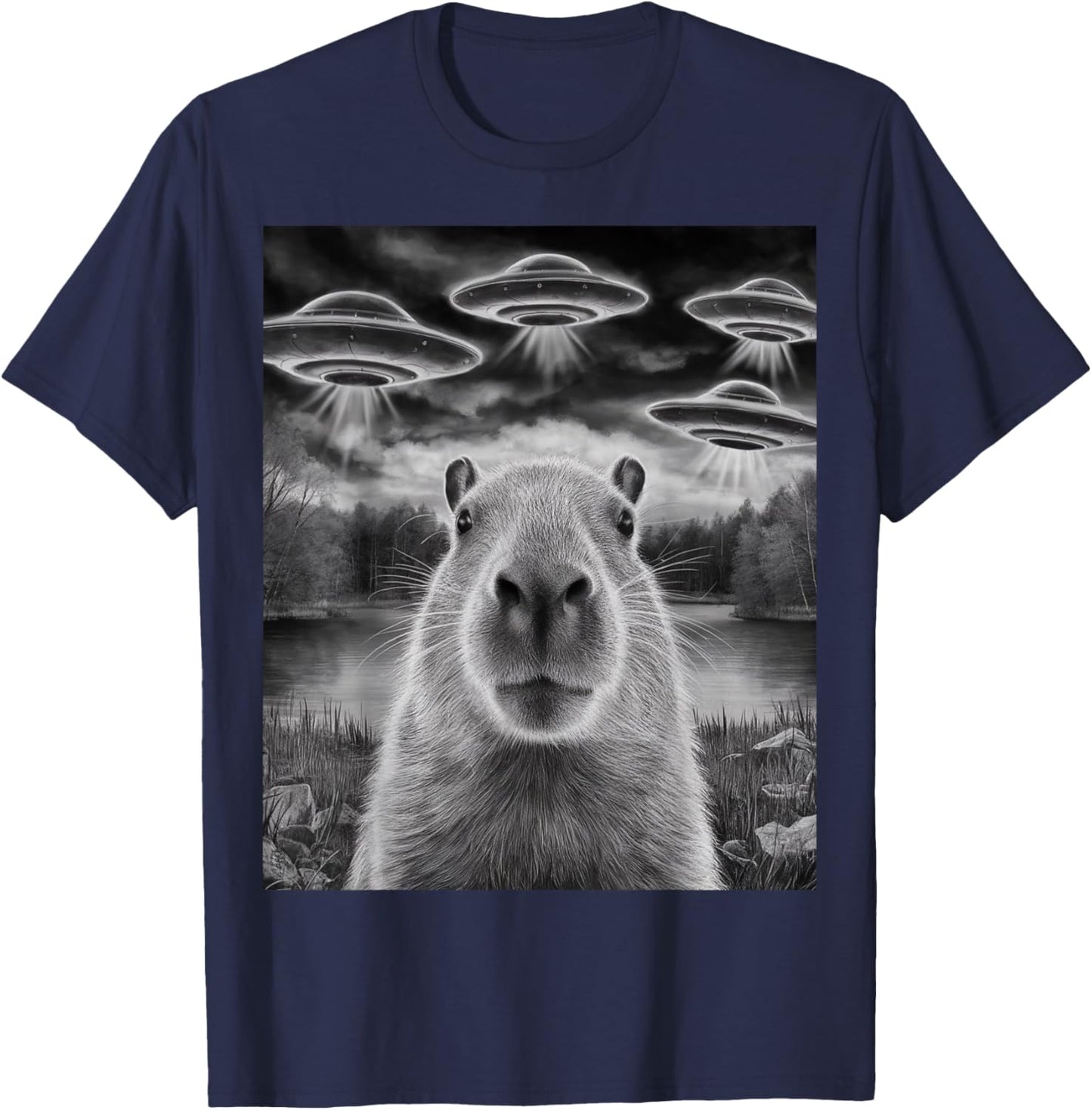 Funny Capybara Selfie with UFOs Weird Design Women Men T-Shirt - T-Shirt | Navy