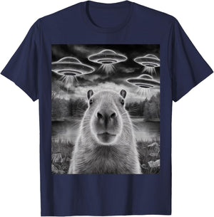Funny Capybara Selfie with UFOs Weird Design Women Men T-Shirt - T-Shirt | Navy
