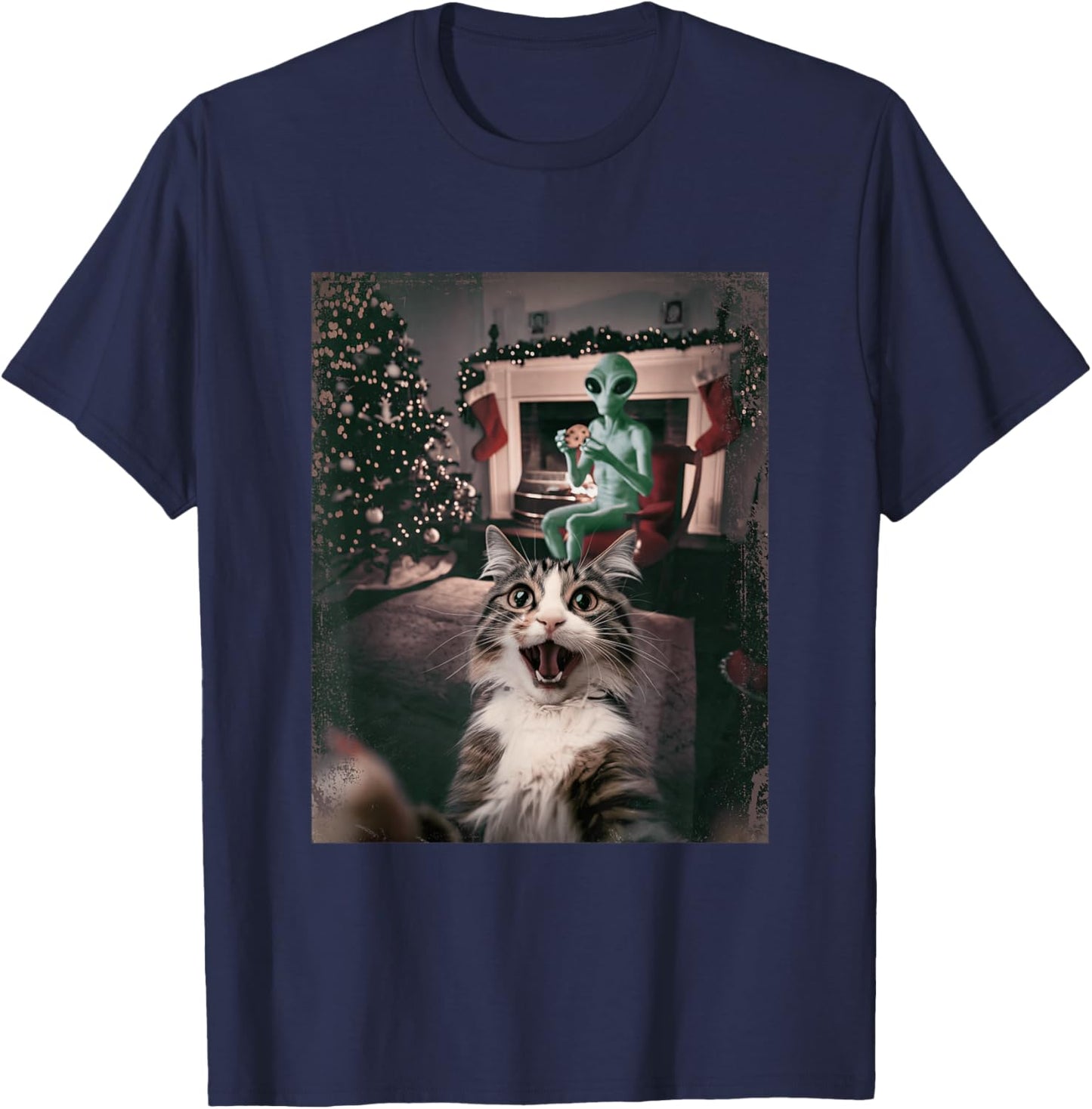 Funny Xmas Cat Selfie Alien Ugly Sweater Christmas Outfit T-Shirt - T-Shirt | Navy