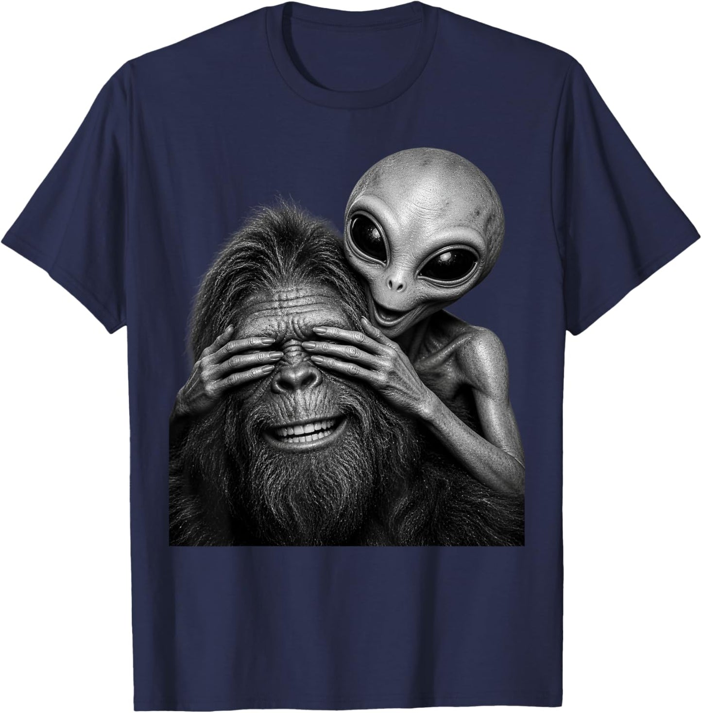 Alien Bigfoot See No Evil Funny Sasquatch UFO Conspiracy T-Shirt - T-Shirt | Navy
