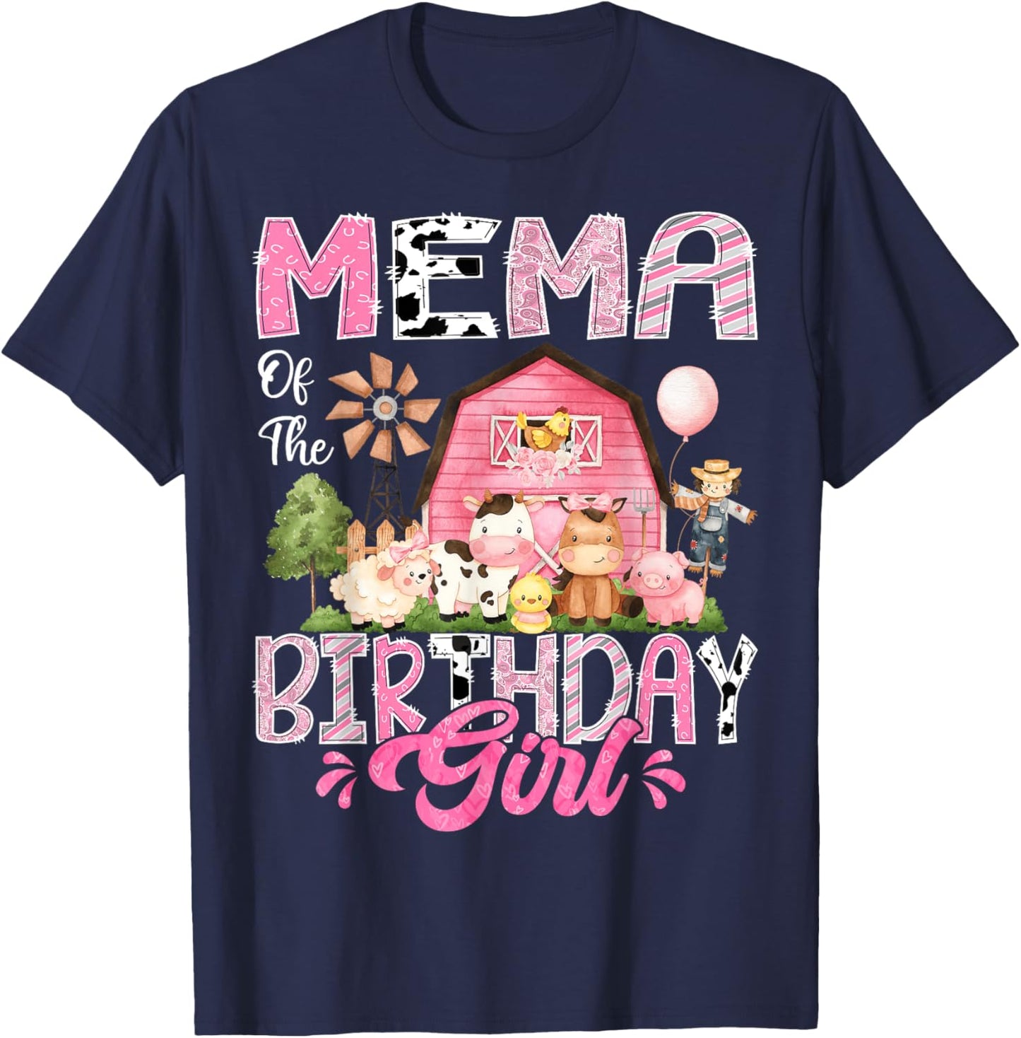 Mema Of The Birthday Girl Pink Farm Cow First Birthday T-Shirt - T-Shirt | Navy