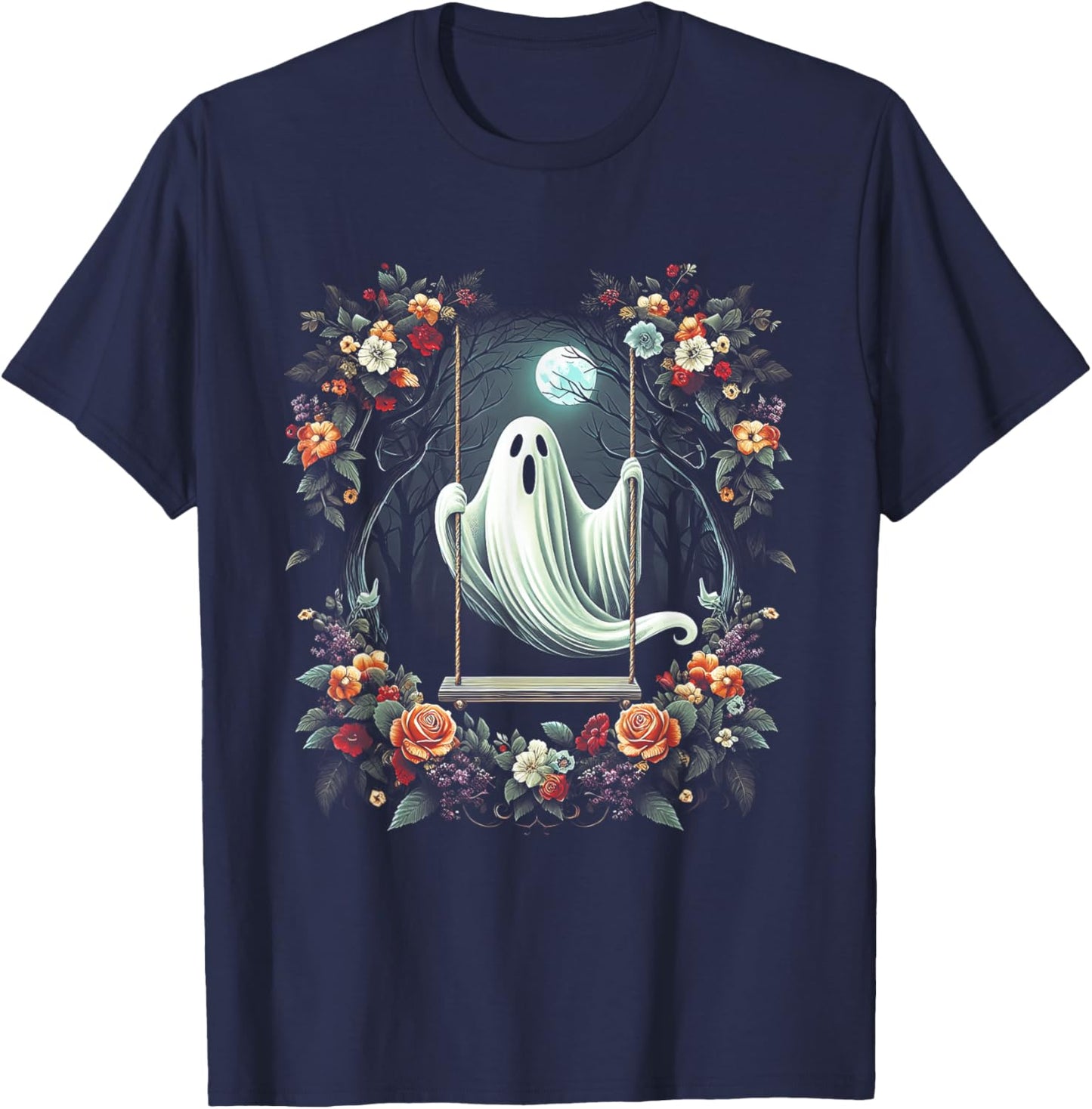 Vintage Floral Ghost On Swing In Forest Halloween Gothic T-Shirt - T-Shirt | Navy