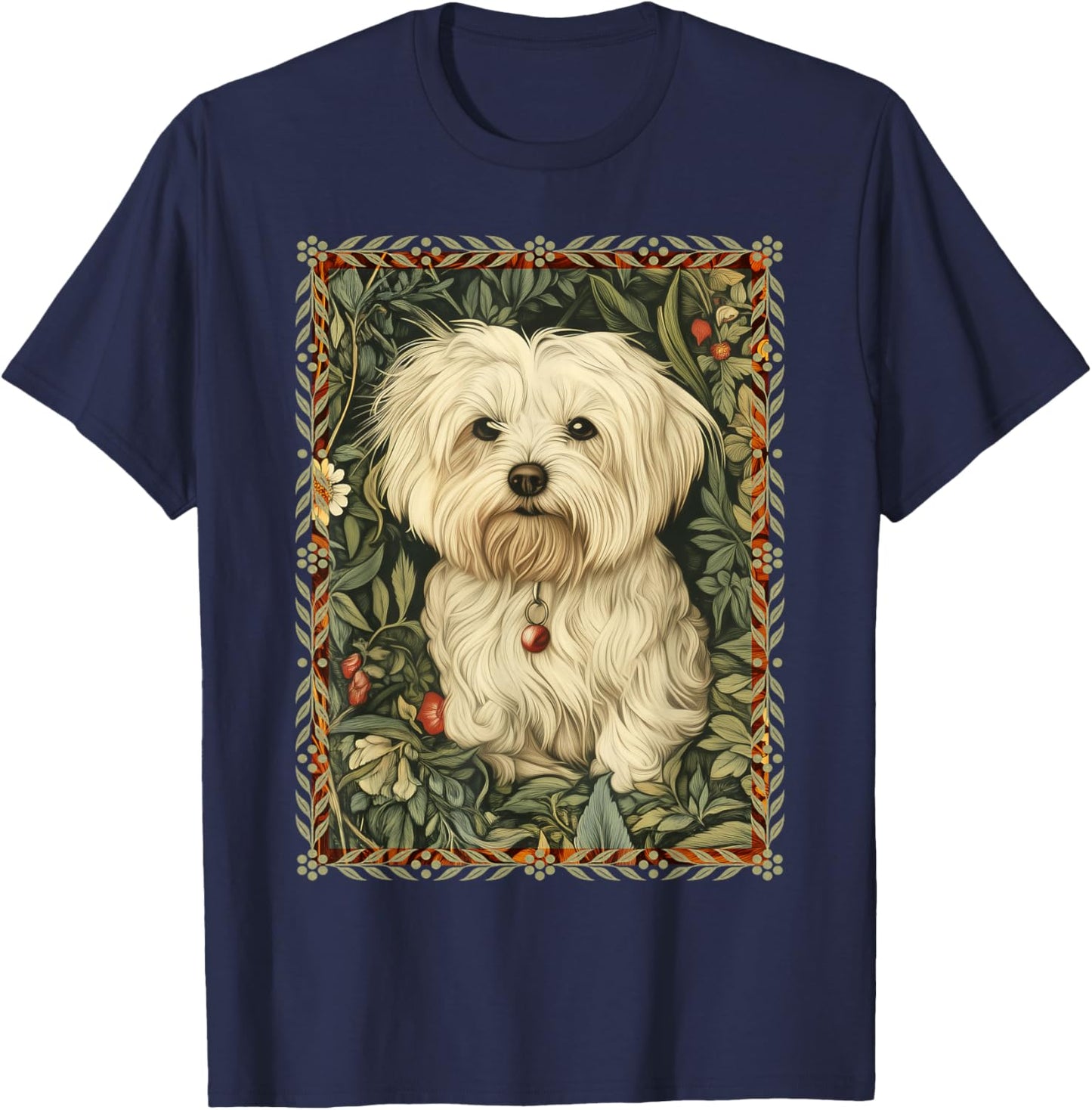 Maltese Dog in a William Morris Vintage Garden T-Shirt - T-Shirt | Navy