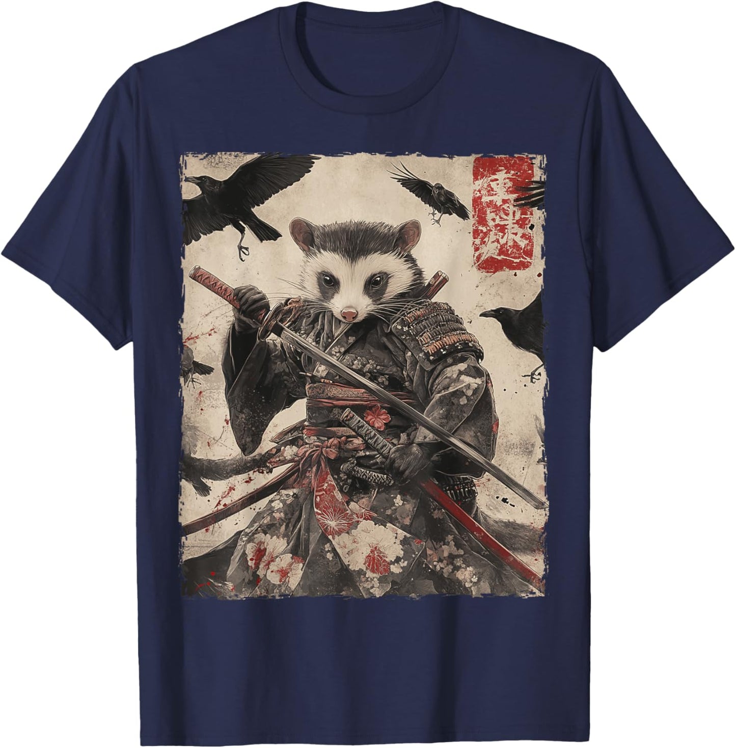 Opossum Possum Samurai Graphic Japanese Warrior Anime T-Shirt - T-Shirt | Navy