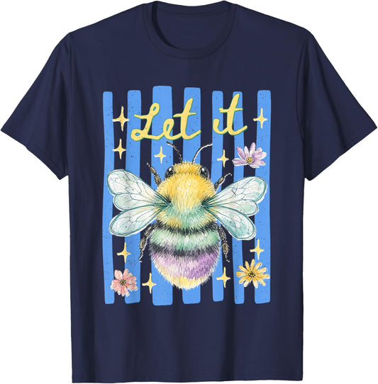 Preppy Let It Bee Stripes Floral Summer Vibes Positive Quote T-Shirt - T-Shirt | Navy