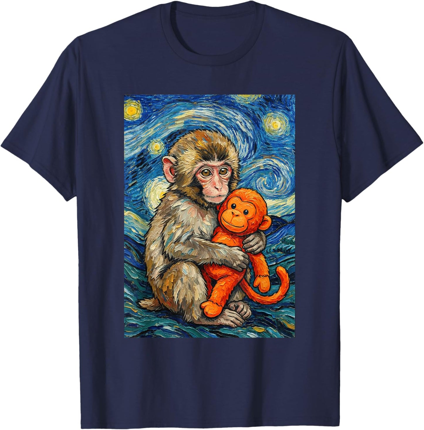 Cute Baby Monkey Punch Meme Starry Night Van Gogh T-Shirt - T-Shirt | Navy