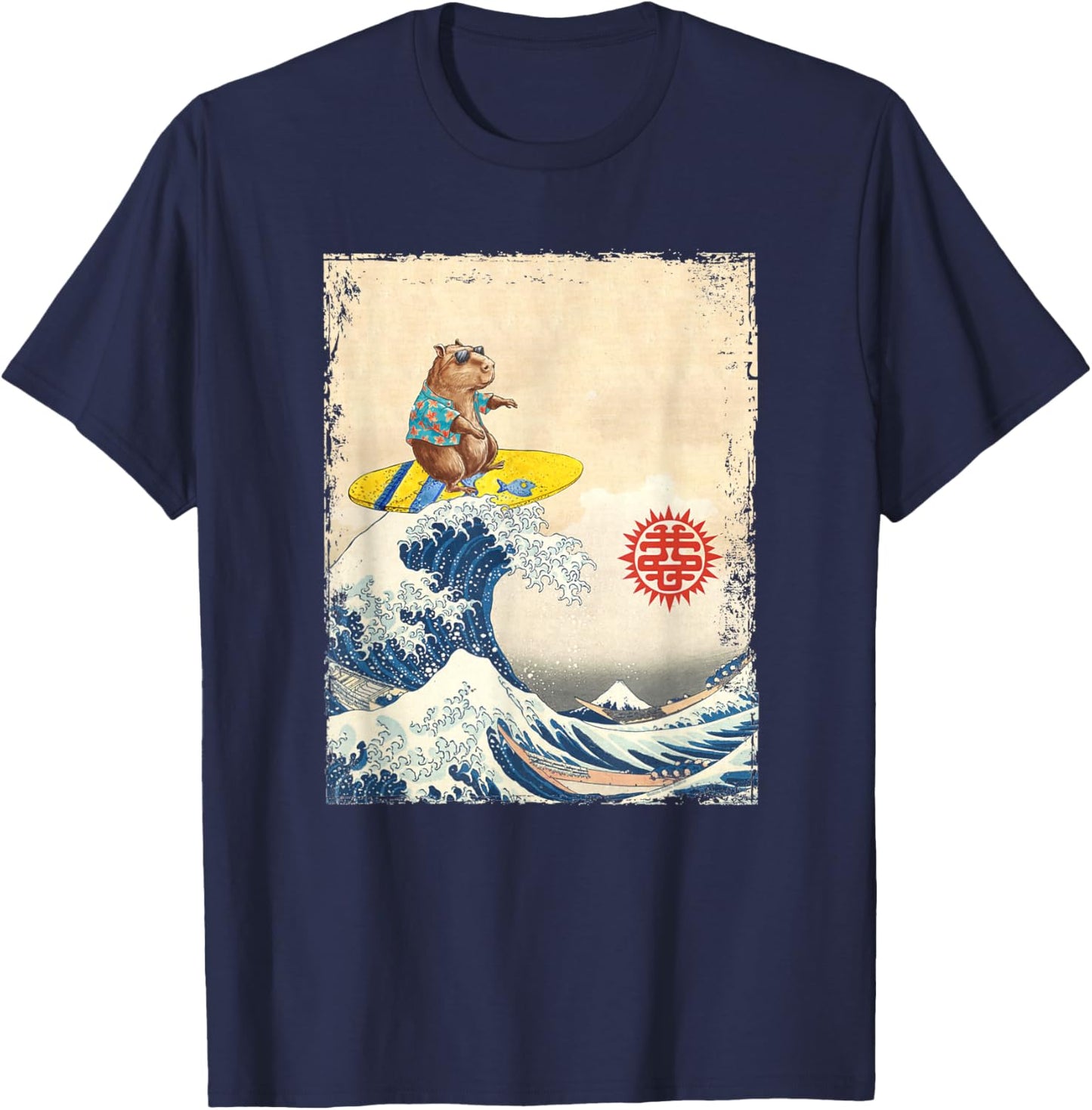 Cute Japanese Great Wave Kanagawa Surfing Capybara T-Shirt - T-Shirt | Navy