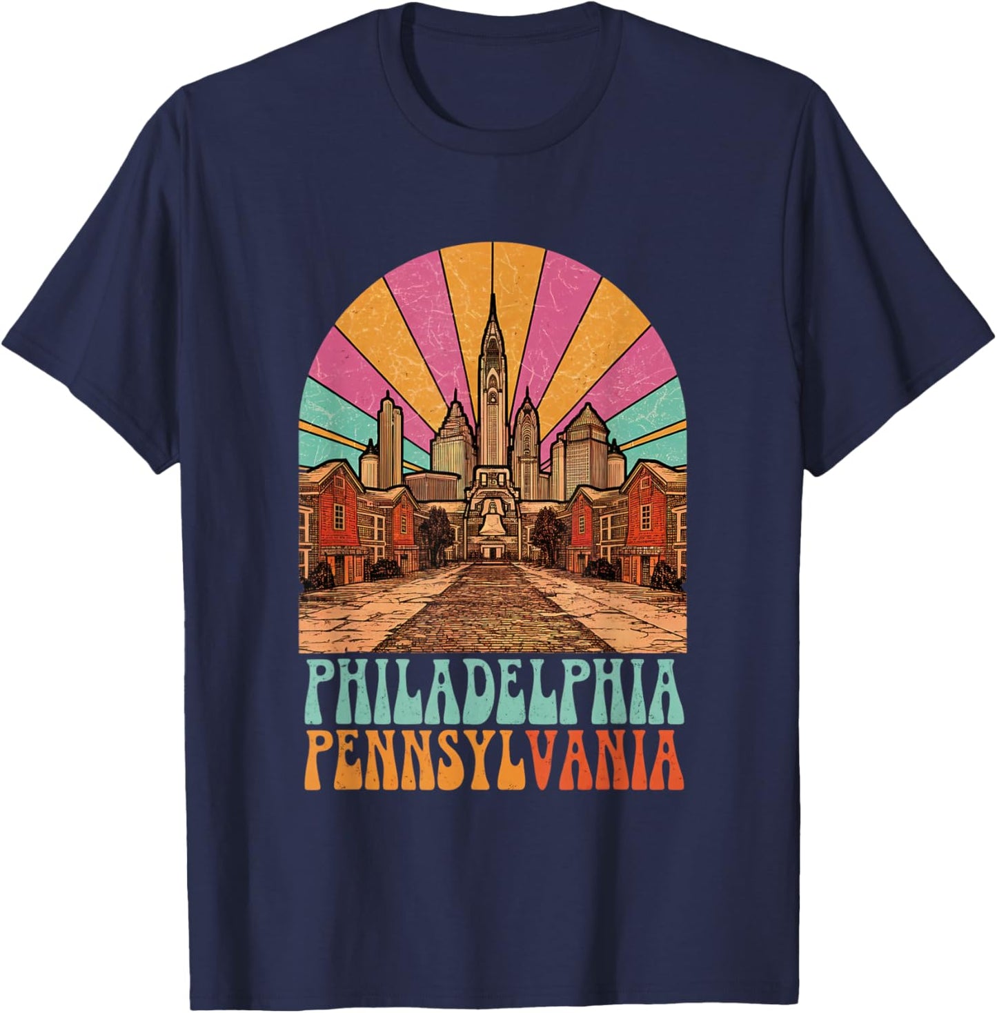 Vintage Philadelphia Pennsylvania Skyline Cityscape Retro T-Shirt - T-Shirt | Navy
