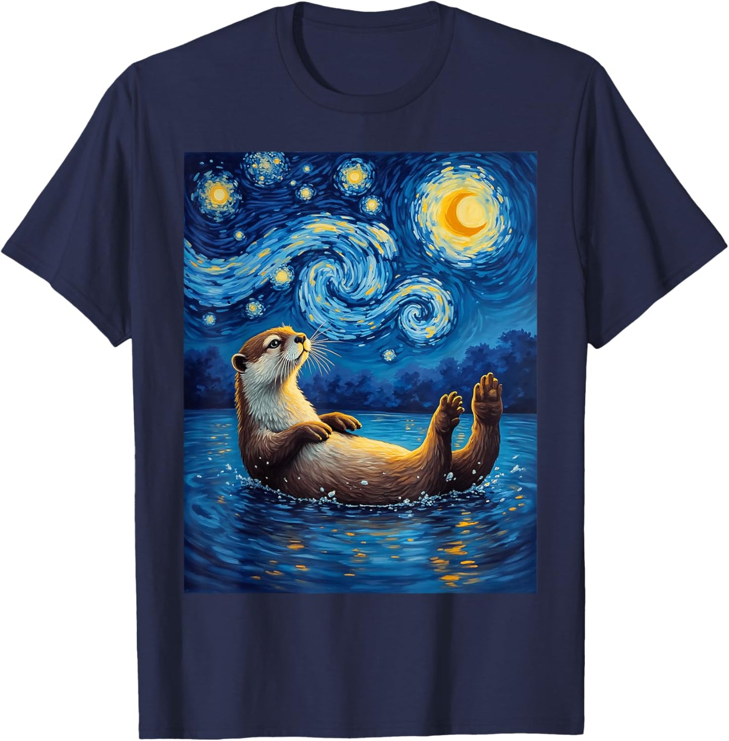 Van Gogh's Starry Night River Otter Water Weasel Animal T-Shirt - T-Shirt | Navy