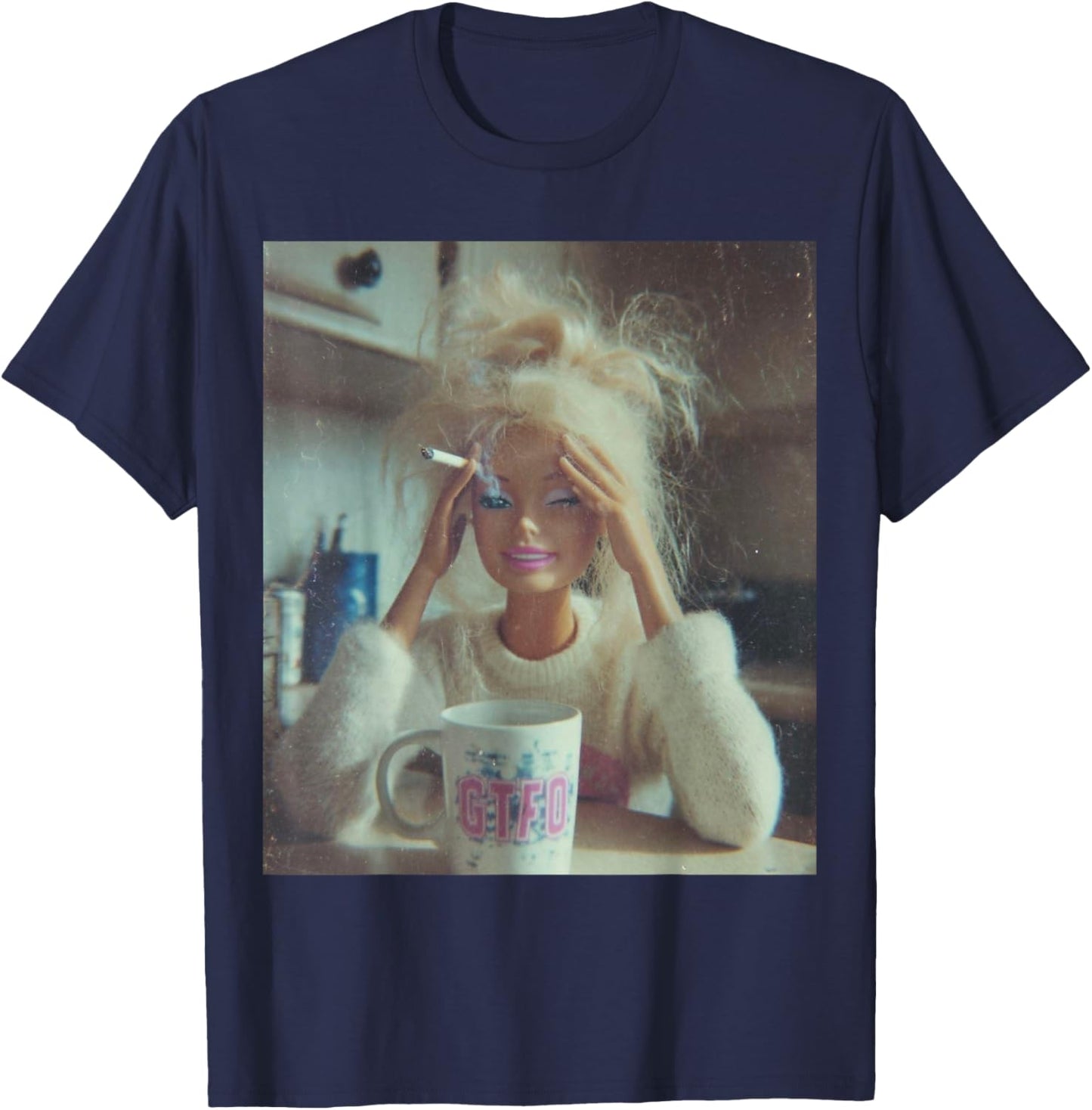 Funny Disgusting Doll face Meme Smoking Sad Sarcastic Gift T-Shirt - T-Shirt | Navy