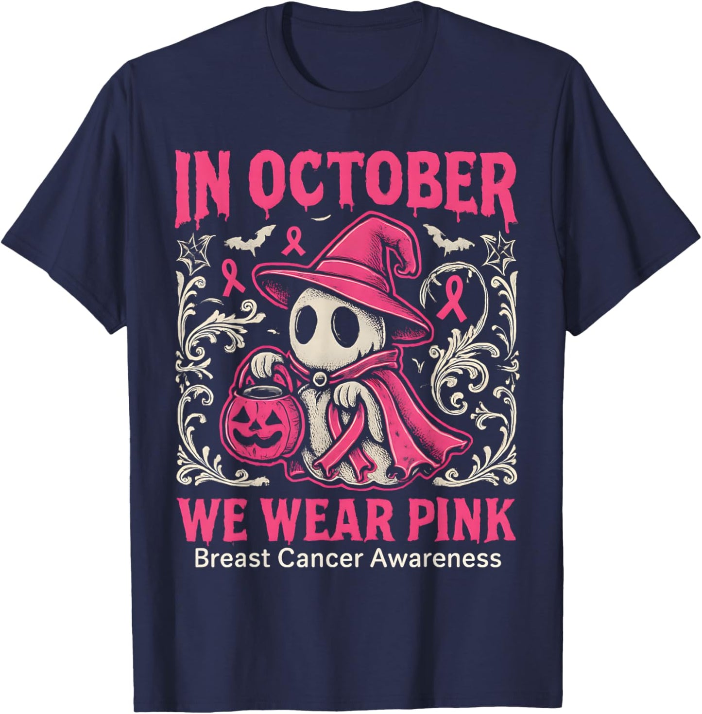 in October We Wear Pink Ghost Halloween Women Breast Cancer T-Shirt - T-Shirt | Navy