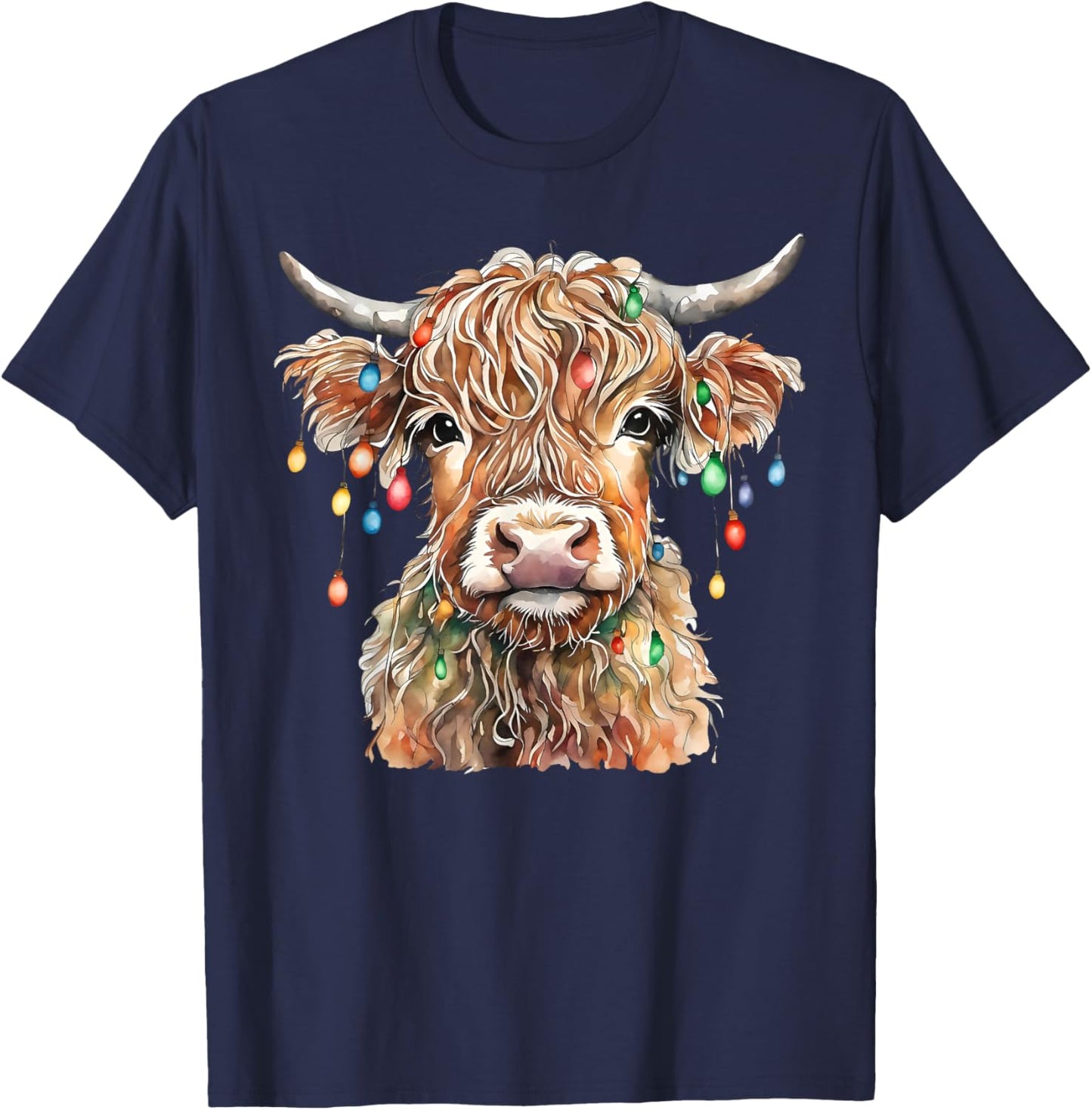 Highland Cow Xmas Lights Merry Christmas Pajamas Holiday T-Shirt - T-Shirt | Navy