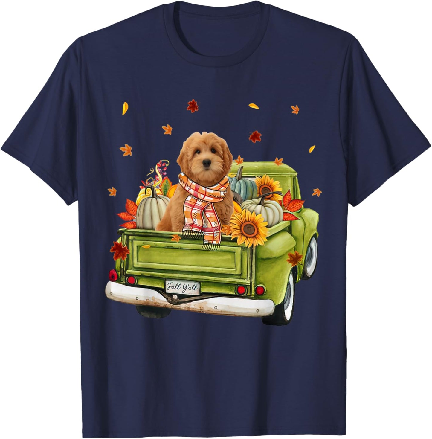 Happy Fall Y'all Goldendoodle Dog On Truck Pumpkin Fall T-Shirt - T-Shirt | Navy