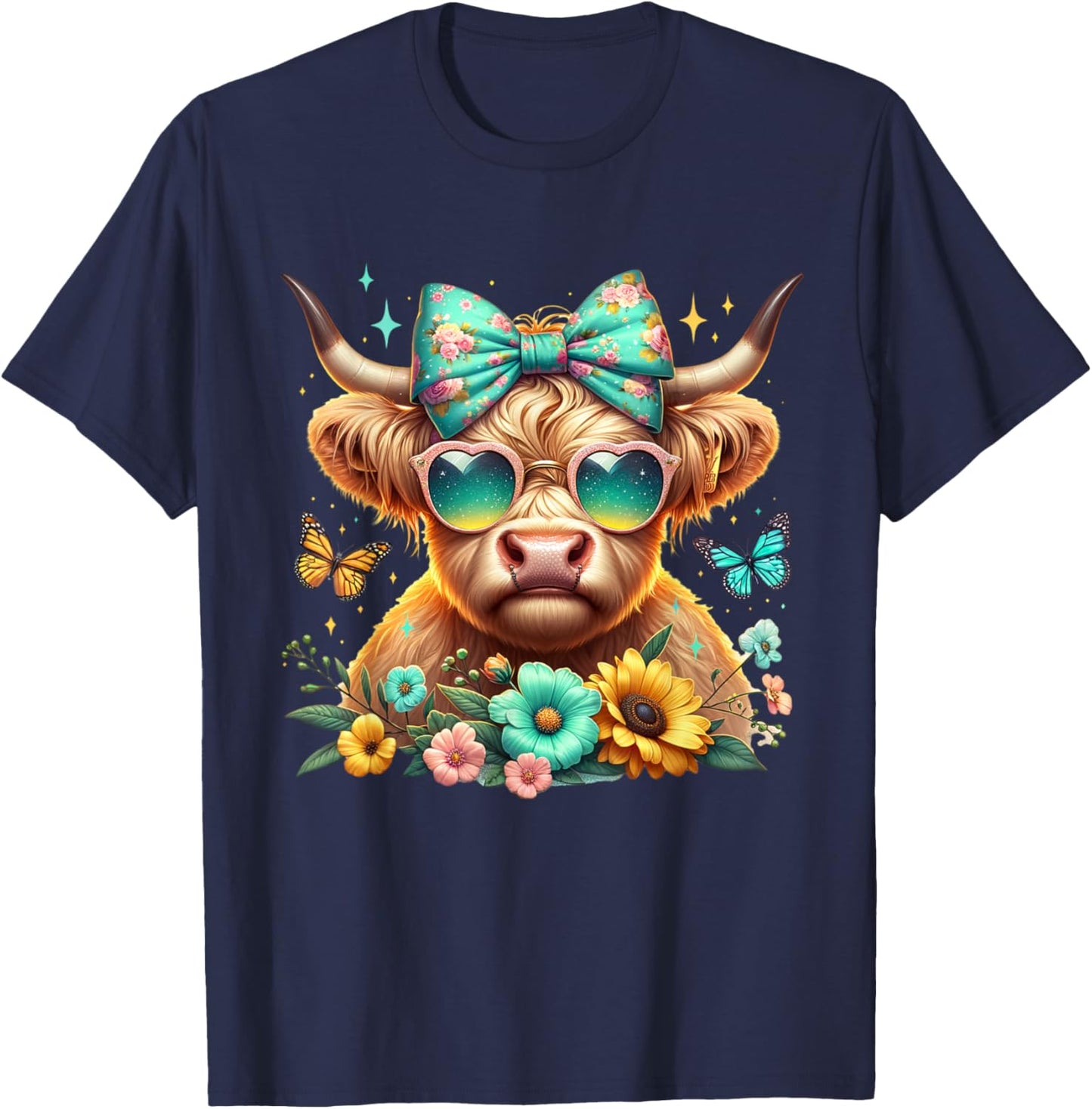 Highland Cow Mama Floral Bow Glasses Butterfly Orange Teal T-Shirt - T-Shirt | Navy