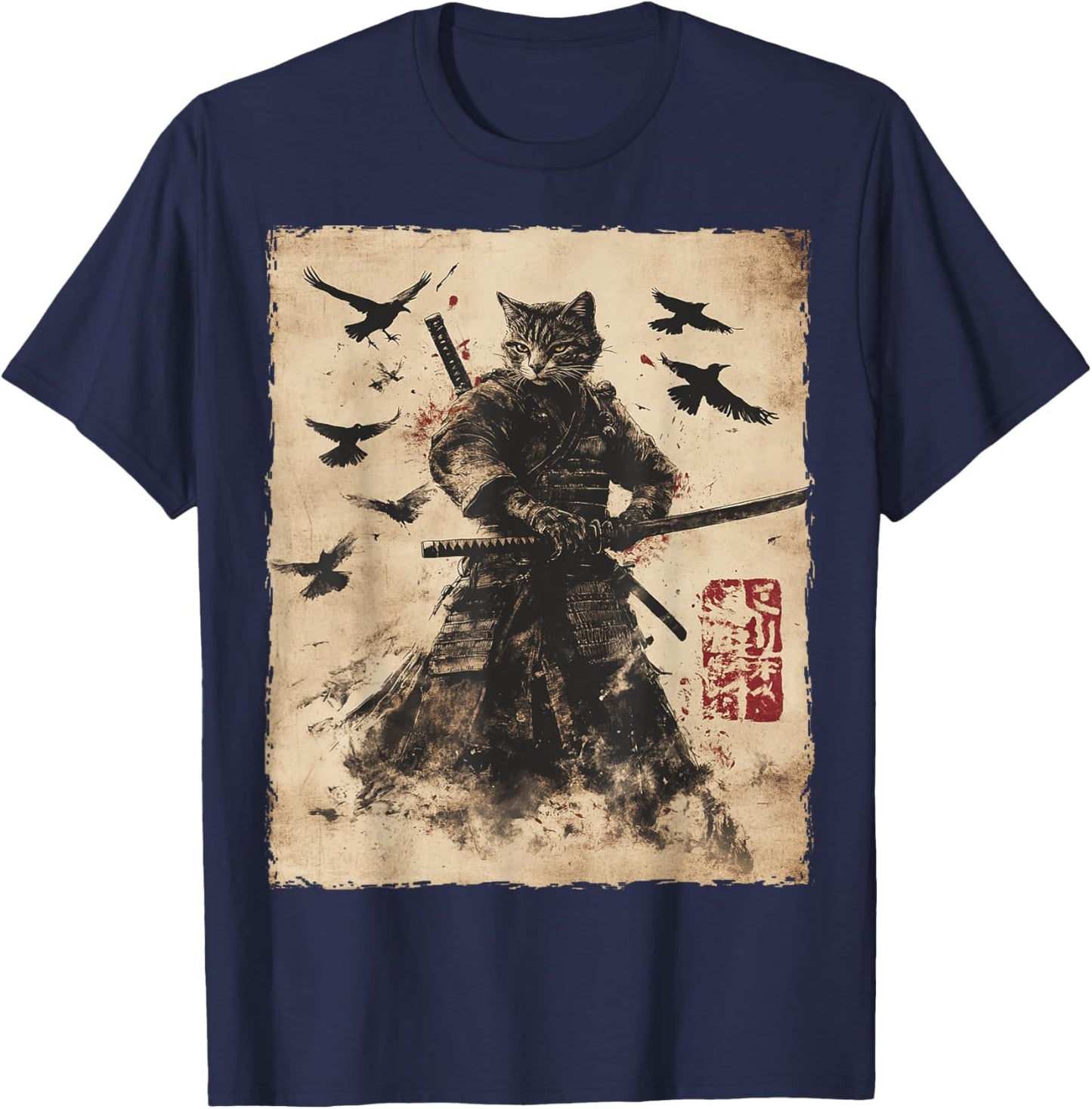 Cat Samurai Graphic Japanese Warrior Anime Men Women Kids T-Shirt - T-Shirt | Navy