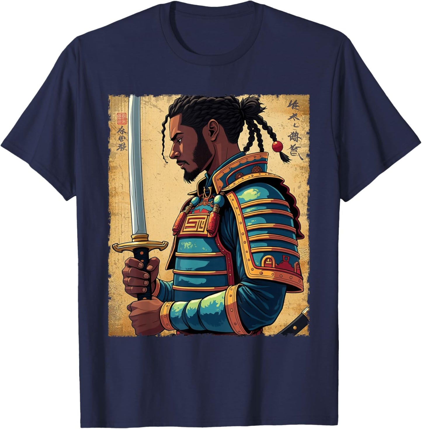 African Samurai Vintage Afro American Bushido Warrior Katana T-Shirt - T-Shirt | Navy