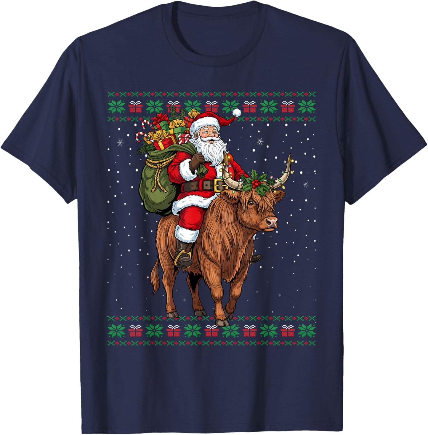 Santa Riding Highland Cow Ugly Christmas Sweater T-Shirt - T-Shirt | Navy