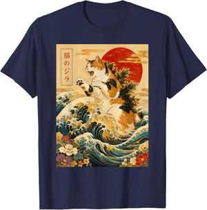 Japanese Cat Great Wave Catzilla Calico Kaiju Ukiyo-e Art T-Shirt - T-Shirt | Navy