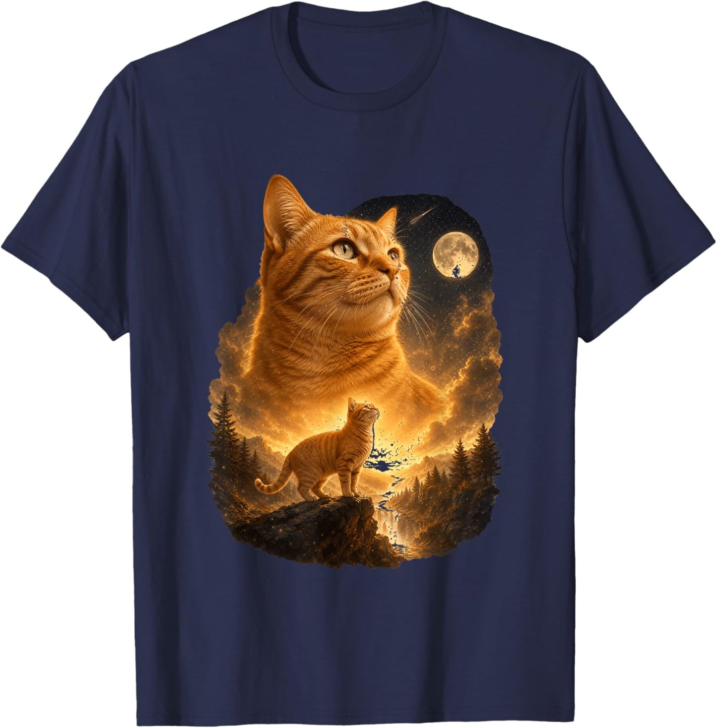 Orange Cat Howling at The Moon Cosmic Night Sky T-Shirt - T-Shirt | Navy
