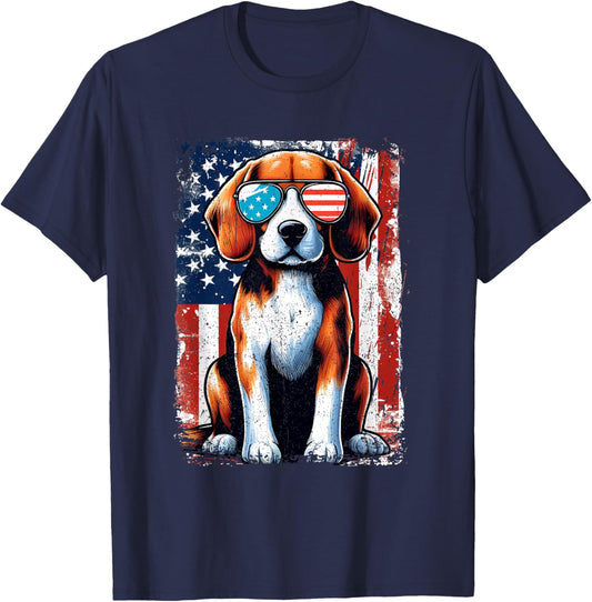 Vintage Beagle Dog American USA US Flag Pets Lovers Outfit T-Shirt - T-Shirt | Navy