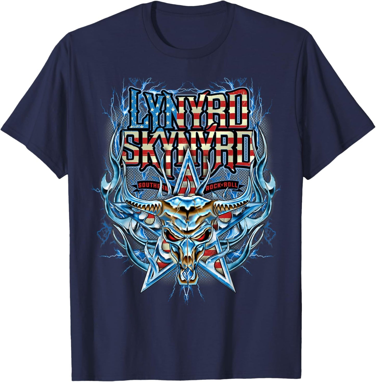 Lynyrd Skynyrd Steer USA Flag Southern Rock 80s Retro T-Shirt - T-Shirt | Navy