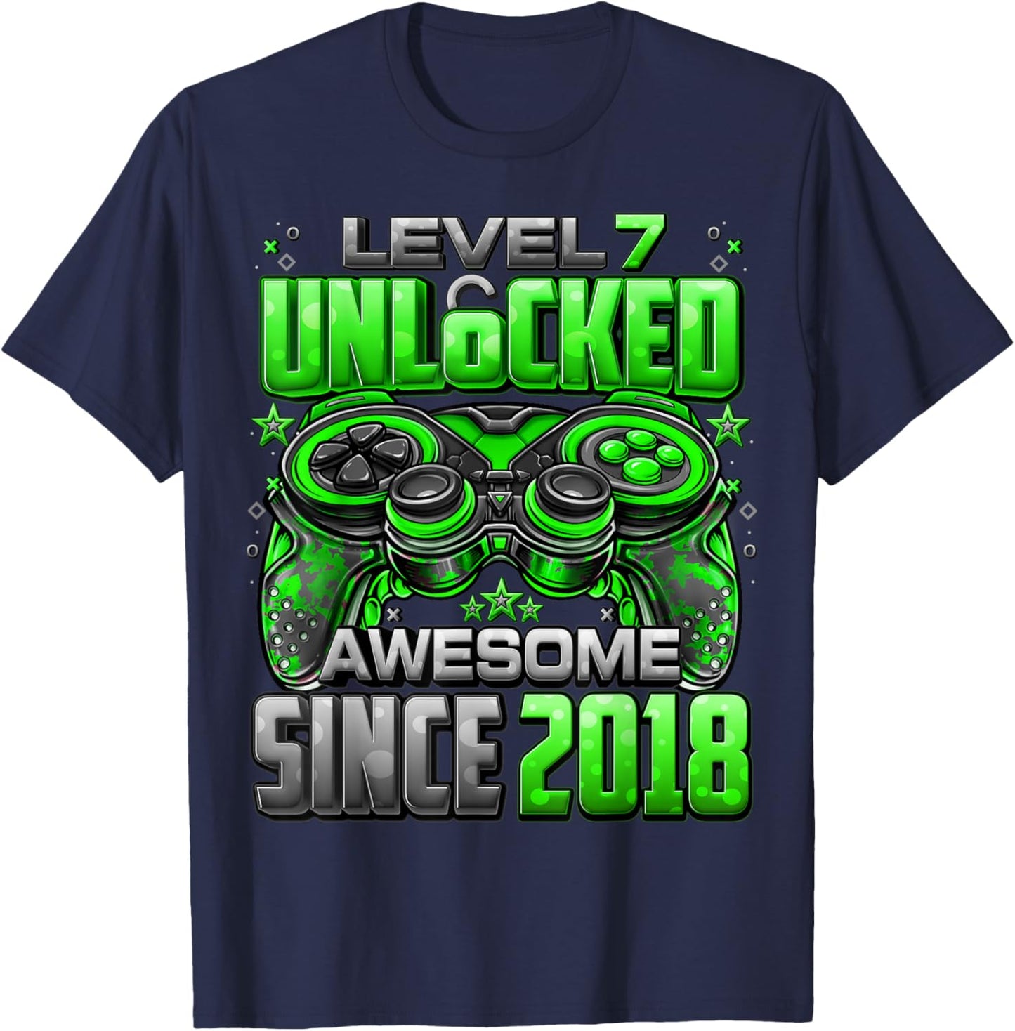 Level 7 Unlocked Awesome Since 2018 7th Birthday Gaming T-Shirt - T-Shirt | Navy