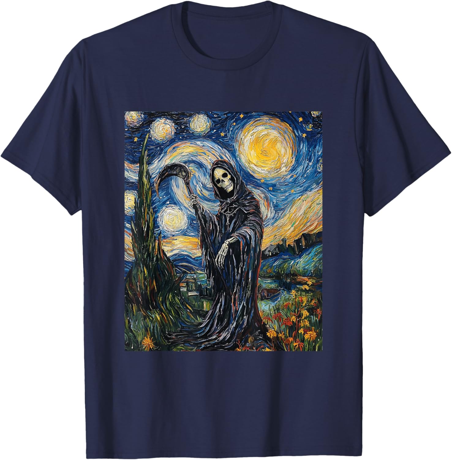 Grim Reaper Skeleton - Van Gogh Style - Starry Night T-Shirt - T-Shirt | Navy