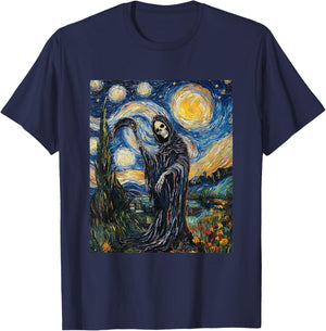 Grim Reaper Skeleton - Van Gogh Style - Starry Night T-Shirt - T-Shirt | Navy