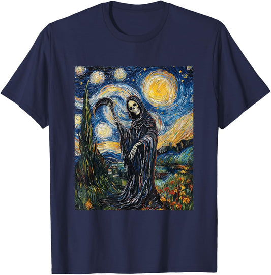 Grim Reaper Skeleton - Van Gogh Style - Starry Night T-Shirt - T-Shirt | Navy