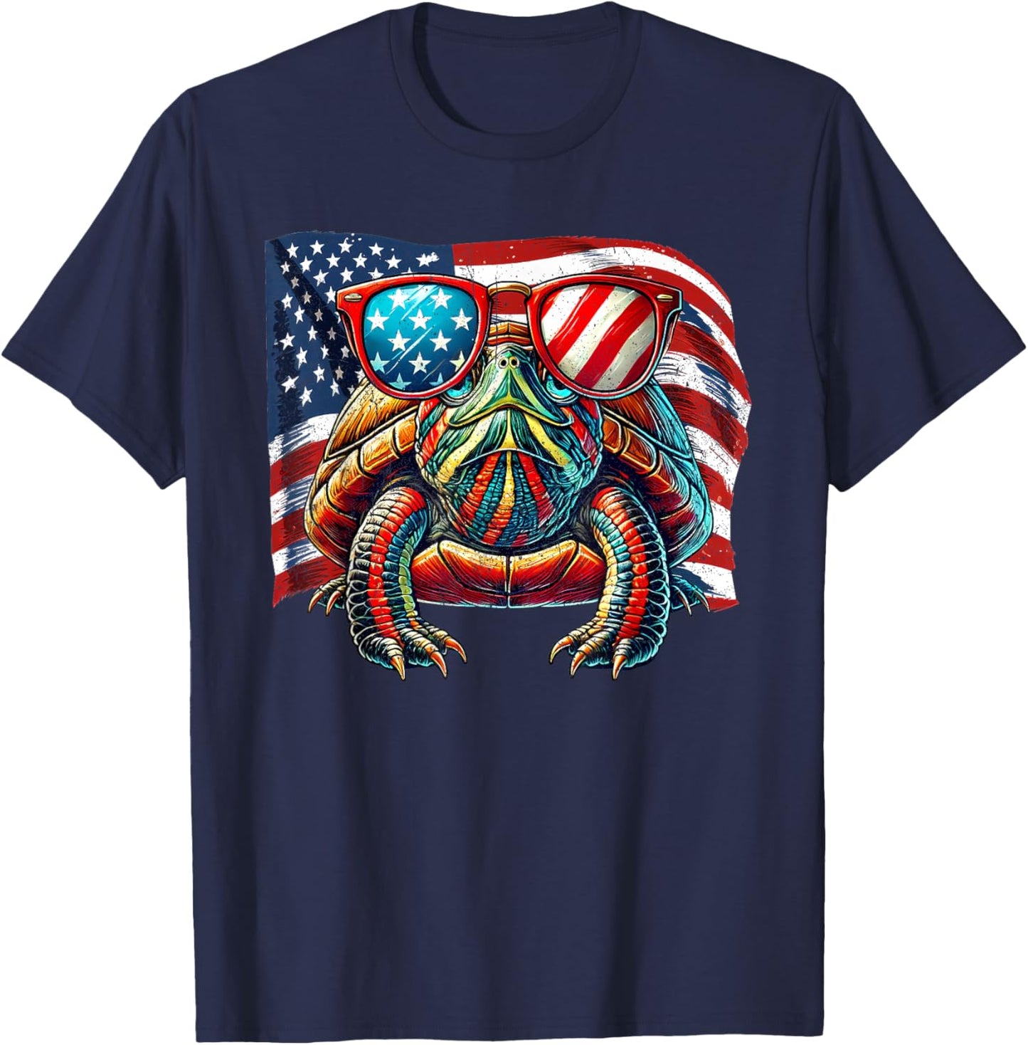 Red-Eared Slider Turtle USA Flag Patriotic Sunglasses Pets T-Shirt - T-Shirt | Navy