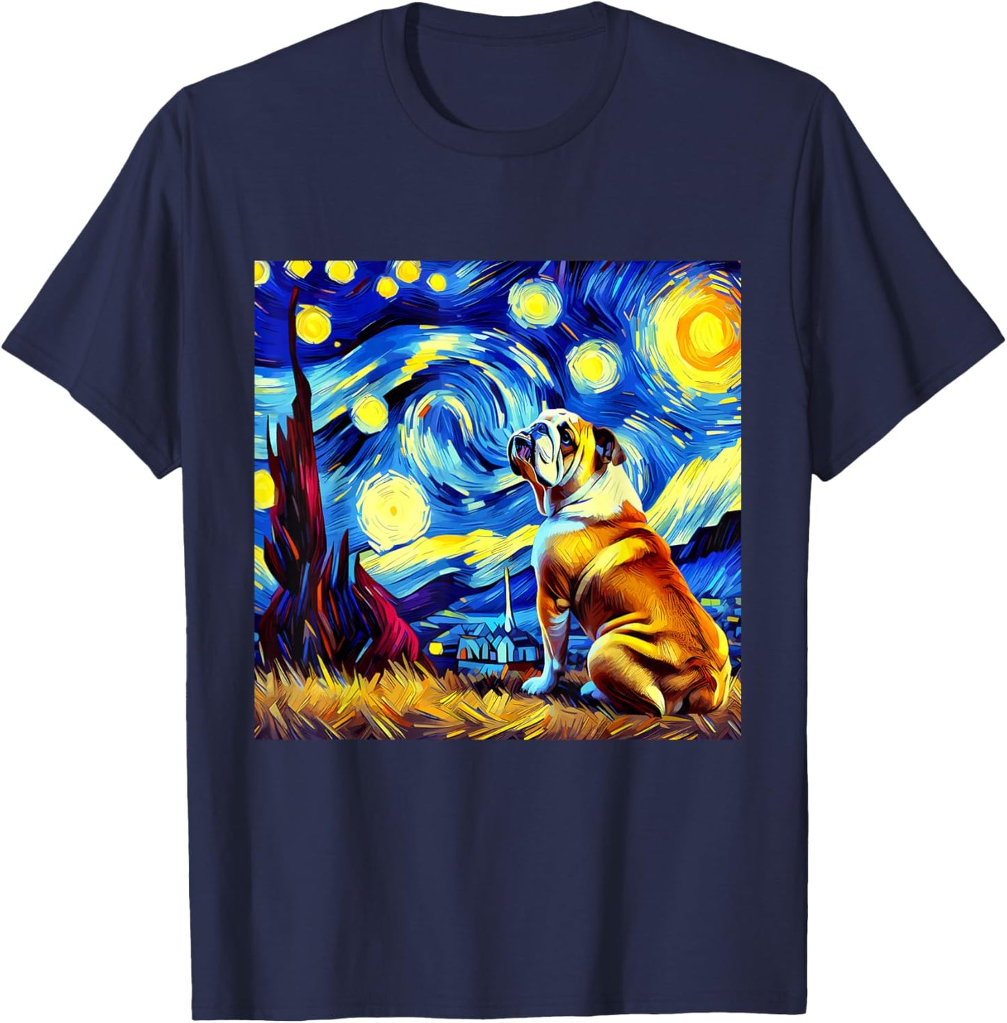 French Bulldog Van Gogh Starry Night Animal Frenchie Dog T-Shirt - T-Shirt | Navy