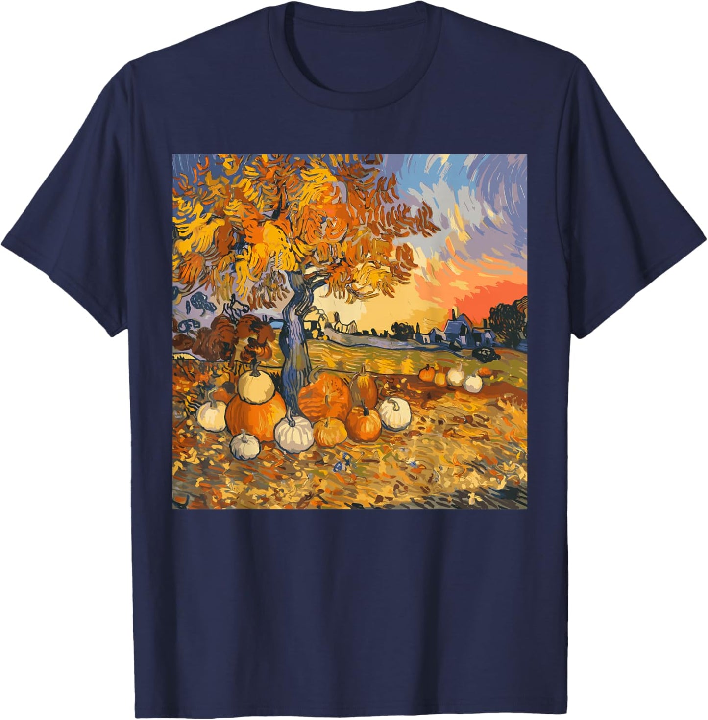 Autumn Aesthetic Fall Lovers Van Gogh Autumn Leaves Pumpkins T-Shirt - T-Shirt | Navy