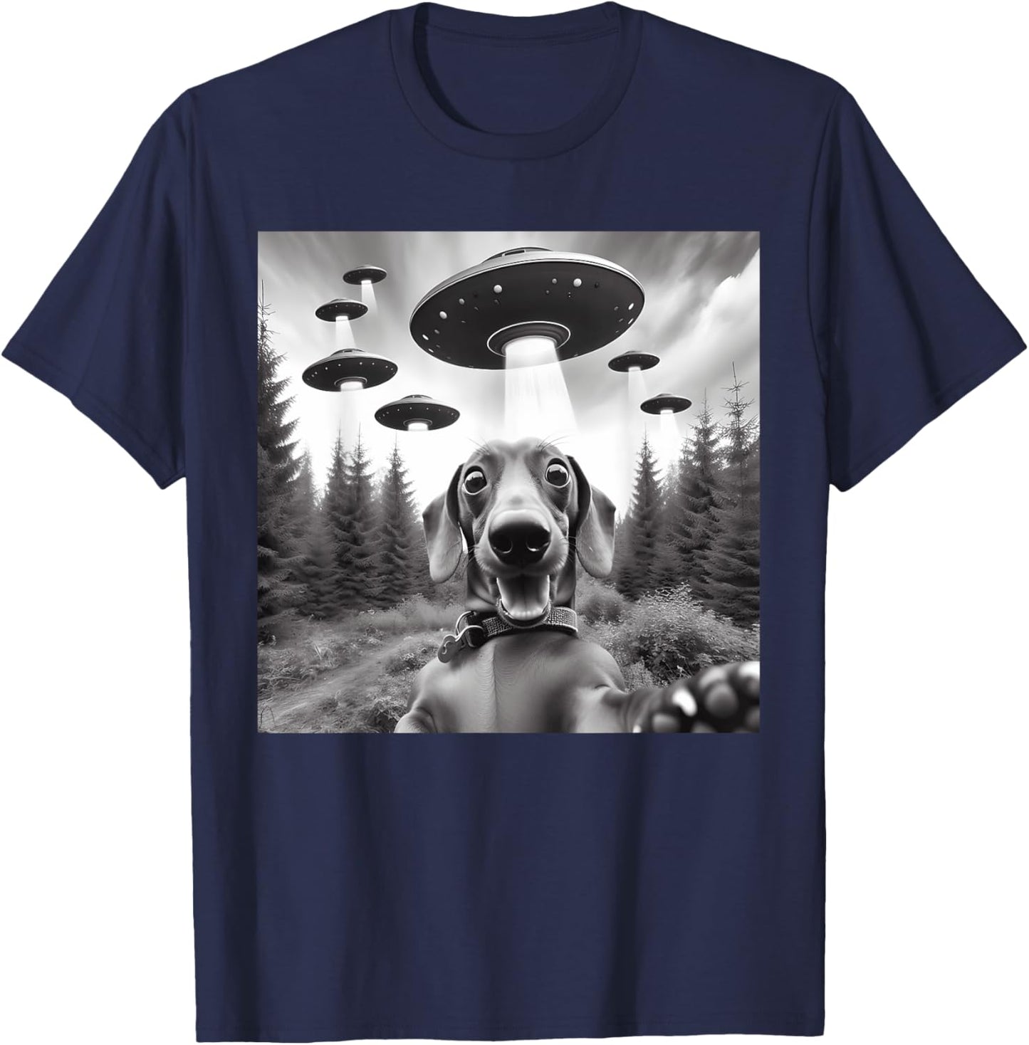 Dachshund Selfie with UFOs Outer Space Alien Kids Dog Owners T-Shirt - T-Shirt | Navy