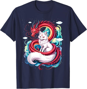 Japanese Anime Dragon and Kitsune Fox T-Shirt - T-Shirt | Navy
