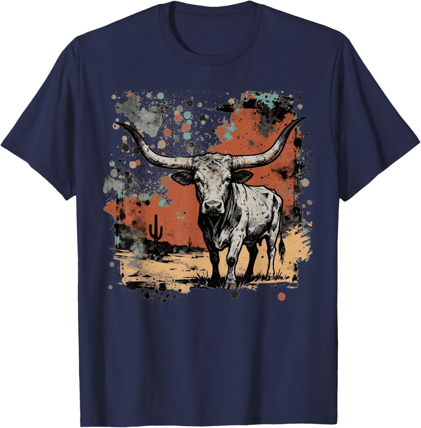 Western Longhorn Bull Longhorn Cow Cowhide Rodeo T-Shirt - T-Shirt | Navy