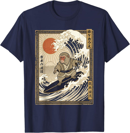Funny Japanese Monkey Surf Kanagawa Wave Samurai T-Shirt - T-Shirt | Navy