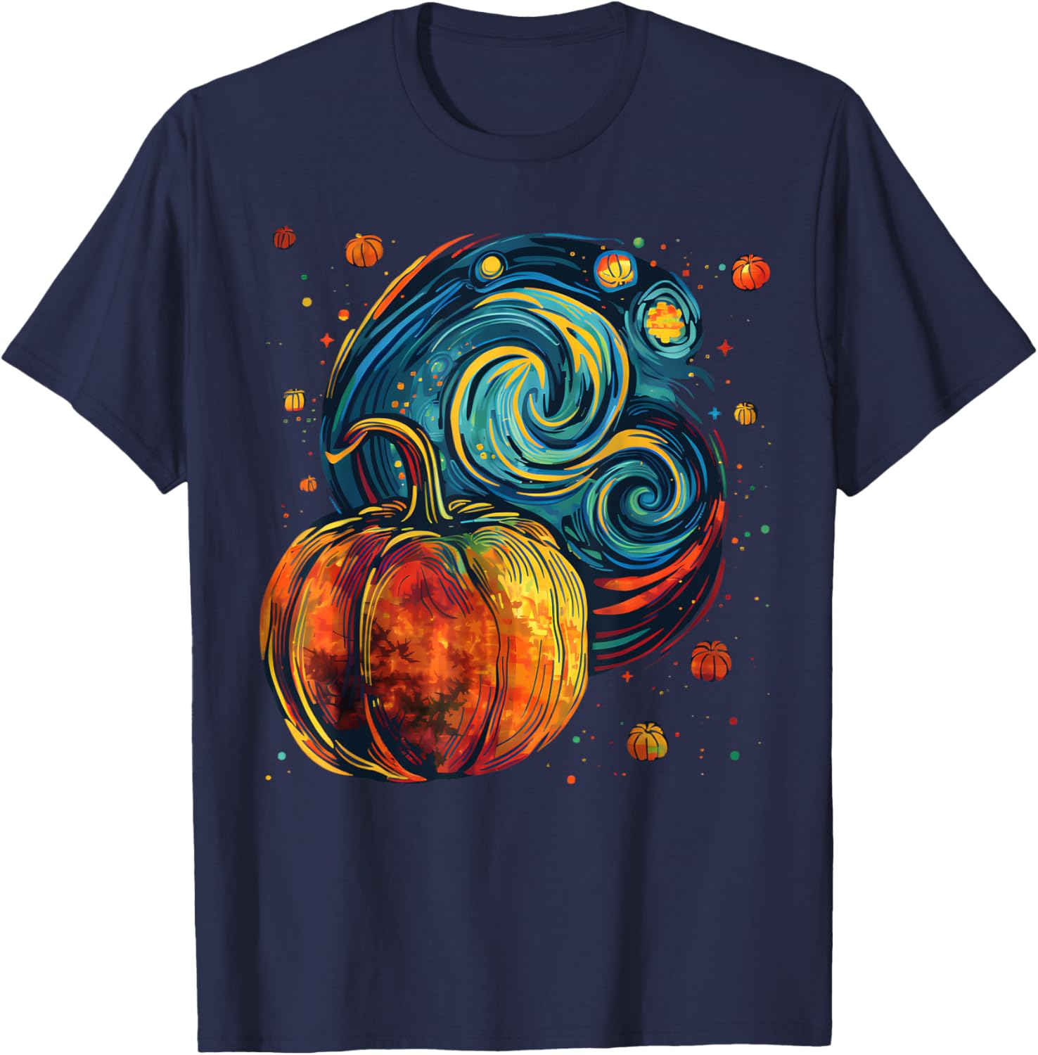 Cute Pumpkin Halloween Thanksgiving Starry Night Van Gogh T-Shirt - T-Shirt | Navy