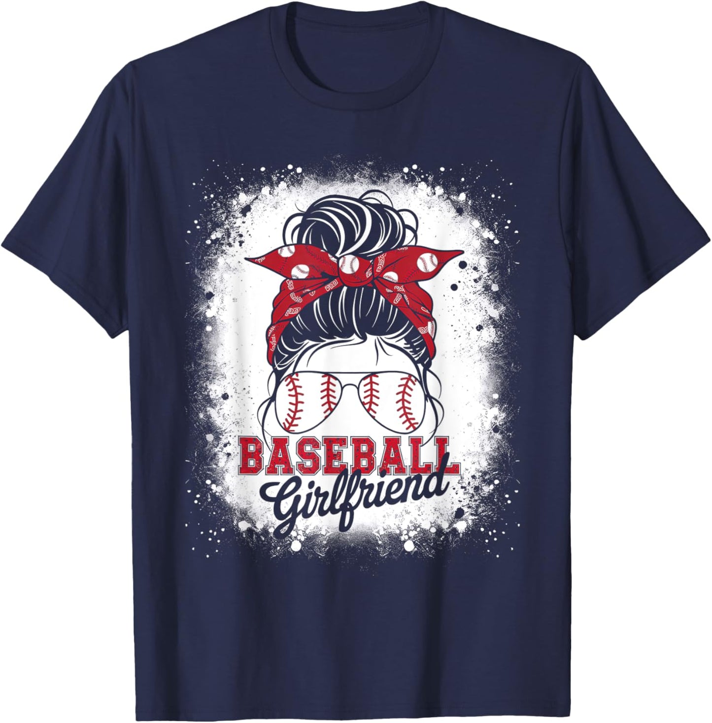 Baseball Girlfriend Messy Bun Hair Leopard Mother's Day 2025 T-Shirt - T-Shirt | Navy