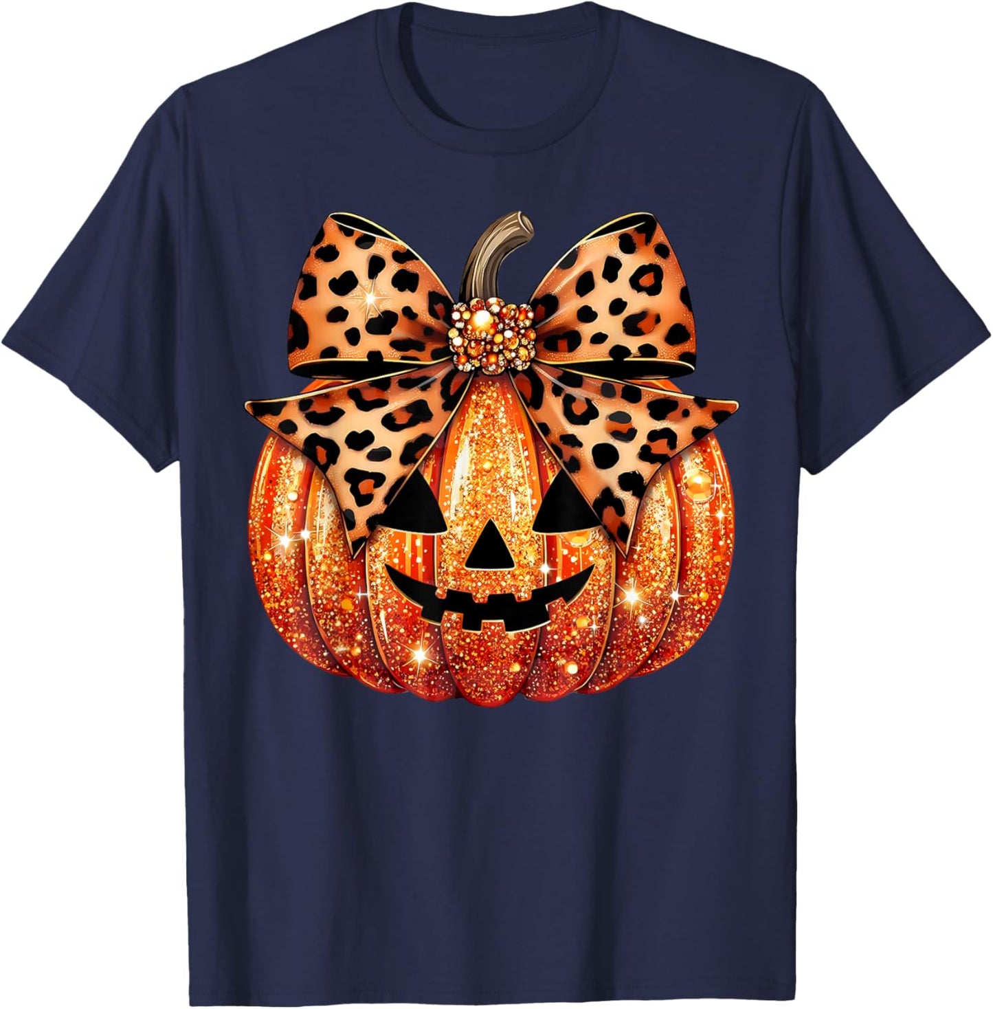 Sparkly Pumpkin Leopard Coquette Bow Pumpkin Girls T-Shirt - T-Shirt | Navy