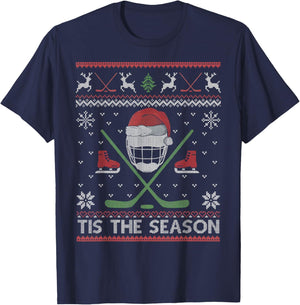 Tis The Season Ice Hockey Ugly Christmas Sweater Men Boy Kid T-Shirt - T-Shirt | Navy