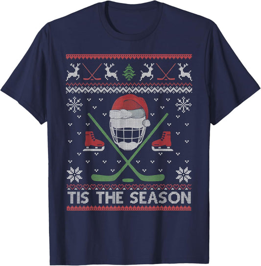 Tis The Season Ice Hockey Ugly Christmas Sweater Men Boy Kid T-Shirt - T-Shirt | Navy