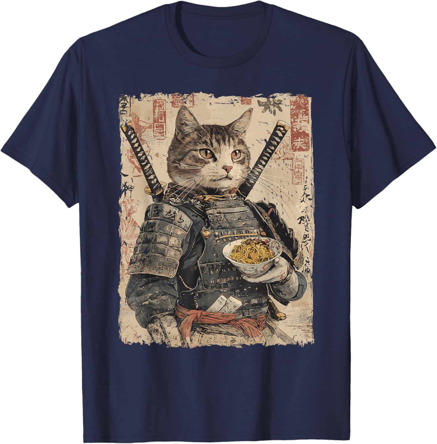 Samurai Cat Loves Ramen Funny Anime Japanese Artwork Samurai T-Shirt - T-Shirt | Navy