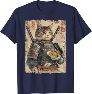 Samurai Cat Loves Ramen Funny Anime Japanese Artwork Samurai T-Shirt - T-Shirt | Navy