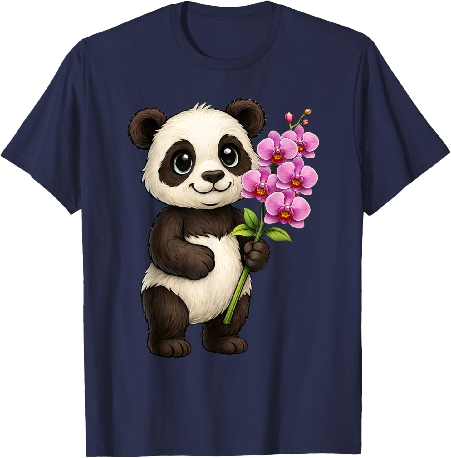 Cute Panda Bear Holding Orchid Flower T-Shirt - T-Shirt | Navy